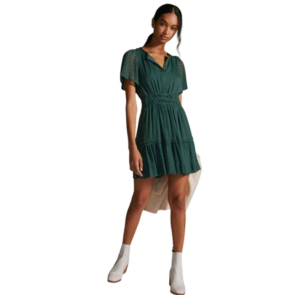 Anthropologie Somerset Collection Swiss Dot Mini Dress, Green, Size M NWT